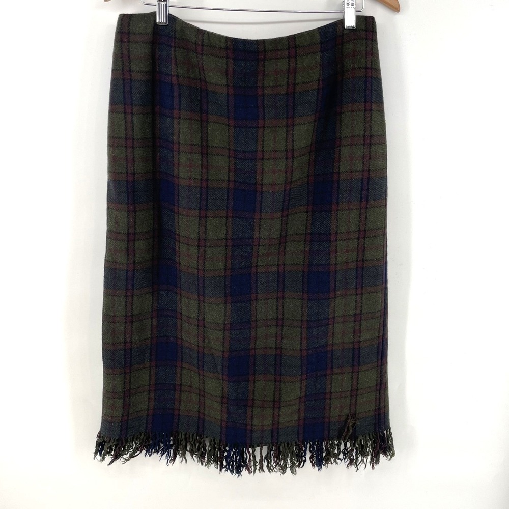 Vintage Midi Blanket Fringe Skirt 16P Wool Blend Green Redβ Blue Plaid Preppy